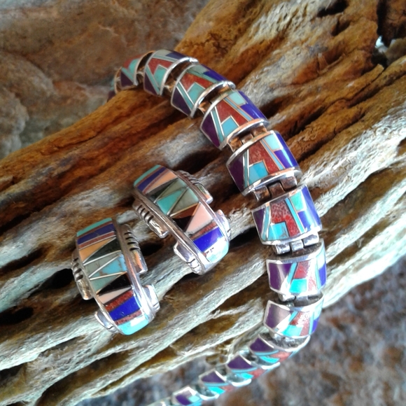 Sterling Silver multi inlay choker necklace set - Picture 16 of 16